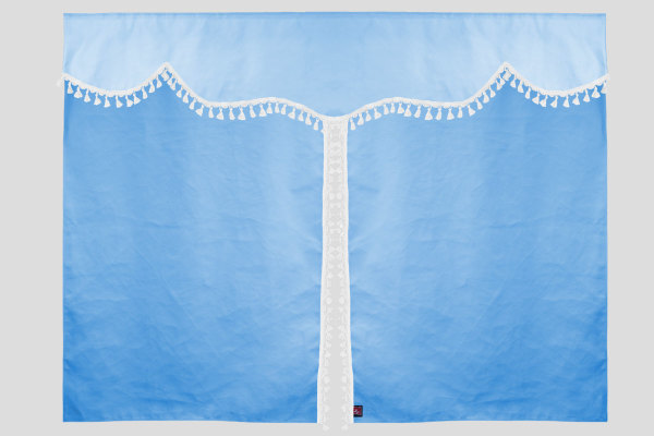 Bäddgardin i mockalook, 3-delad, med tofs och pompom ljusblå vit Längd 179 cm