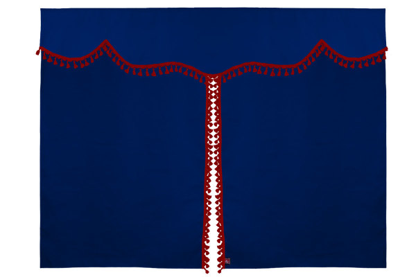 Bäddgardin i mockalook, 3-delad, med tofs och pompom mörkblå röd Längd 179 cm