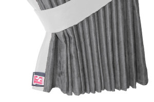 Lkw Bettgardinen, Wildlederoptik, Kunstlederkante, stark abdunkelnd grau wei&szlig; L&auml;nge 179 cm