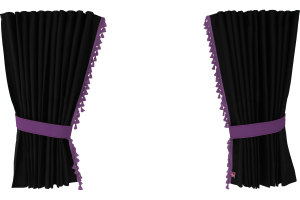 Suede-look truck window curtains 4-piece, with tassel pompom, strong darkening, double processed anthracite-black lilac Length 95 cm
