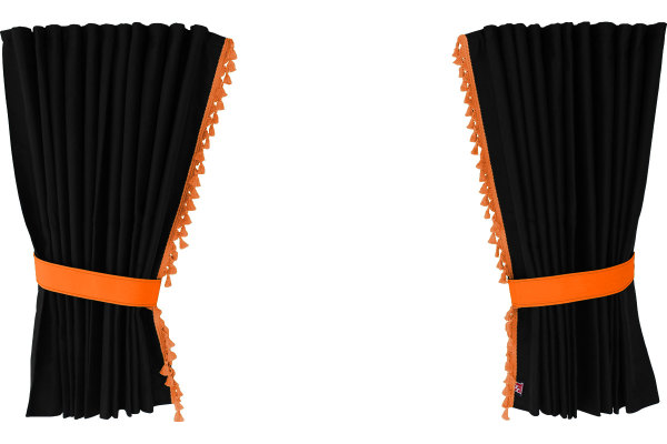 Suede-look truck window curtains 4-piece, with tassel pompom, strong darkening, double processed anthracite-black orange Length 110 cm