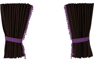 Suede-look truck window curtains 4-piece, with tassel pompom, strong darkening, double processed dark brown lilac Length 95 cm