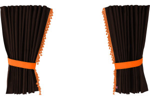 Suede-look truck window curtains 4-piece, with tassel pompom, strong darkening, double processed dark brown orange Length 110 cm