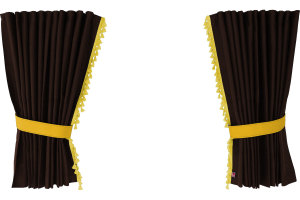 Suede-look truck window curtains 4-piece, with tassel pompom, strong darkening, double processed dark brown yellow Length 95 cm