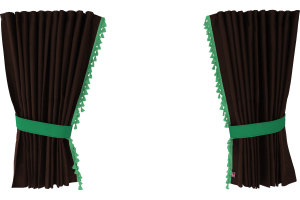 Wildlederoptik Lkw Scheibengardinen 4 teilig, mit Quastenbommel, stark abdunkelnd, doppelt verarbeitet dunkelbraun grün Länge 95 cm