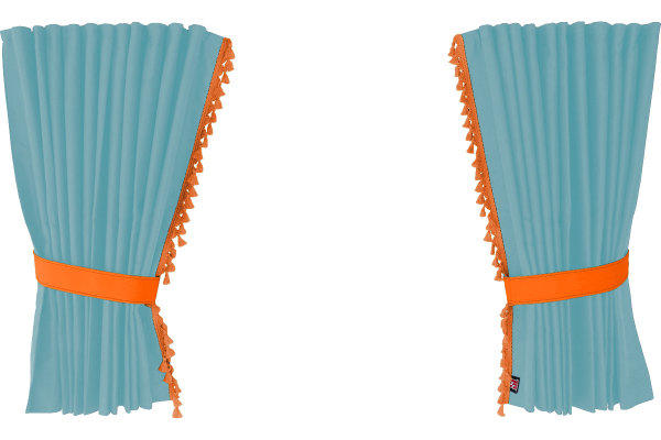 Suede-look truck window curtains 4-piece, with tassel pompom, strong darkening, double processed light blue orange Length 95 cm