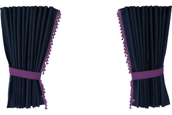 Suede-look truck window curtains 4-piece, with tassel pompom, strong darkening, double processed dark blue lilac Length 95 cm