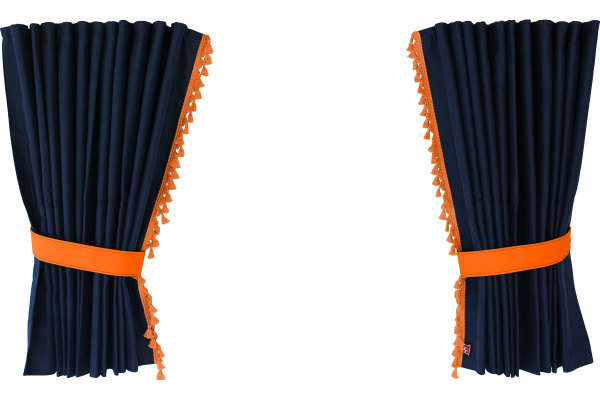Suede-look truck window curtains 4-piece, with tassel pompom, strong darkening, double processed dark blue orange Length 110 cm
