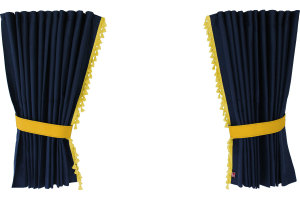 Suede-look truck window curtains 4-piece, with tassel pompom, strong darkening, double processed dark blue yellow Length 95 cm