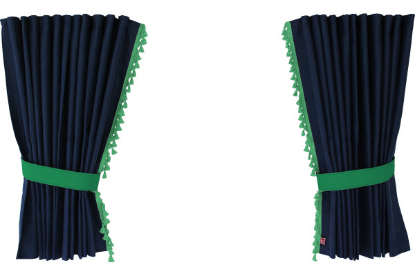Suede-look truck window curtains 4-piece, with tassel pompom, strong darkening, double processed dark blue green Length 95 cm