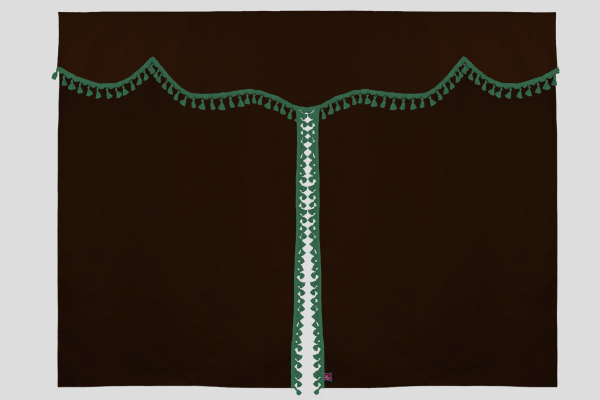 Bäddgardin i mockalook, 3-delad, med tofs och pompom mörkbrun grön Längd 149 cm