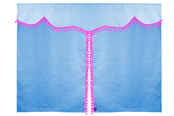 Bäddgardin i mockalook, 3-delad, med tofs och pompom ljusblå rosa Längd 149 cm