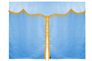 B&auml;ddgardin i mockalook, 3-delad, med tofs och pompom ljusbl&aring; gul L&auml;ngd 179 cm