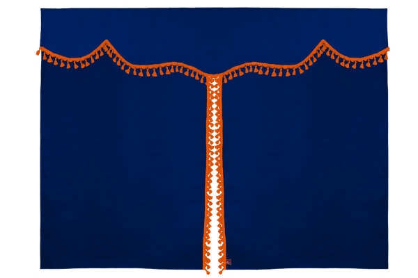 Bäddgardin i mockalook, 3-delad, med tofs och pompom mörkblå orange Längd 149 cm