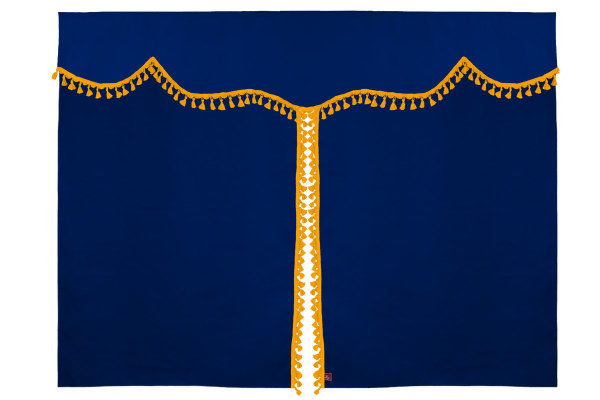 Bäddgardin i mockalook, 3-delad, med tofs och pompom mörkblå gul Längd 179 cm