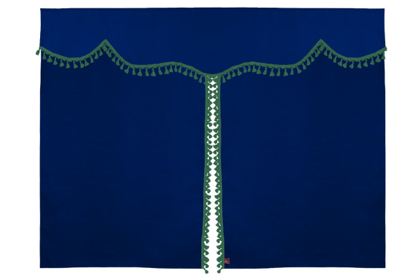 Bäddgardin i mockalook, 3-delad, med tofs och pompom mörkblå grön Längd 179 cm