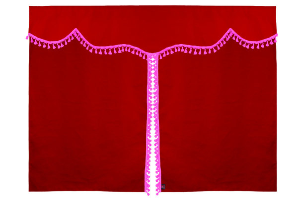 Bäddgardin i mockalook, 3-delad, med tofs och pompom röd rosa Längd 179 cm
