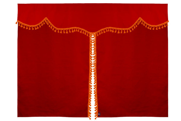 Bäddgardin i mockalook, 3-delad, med tofs och pompom röd orange Längd 149 cm