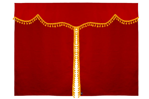 Bäddgardin i mockalook, 3-delad, med tofs och pompom röd gul Längd 179 cm