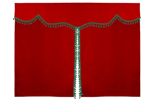 Bäddgardin i mockalook, 3-delad, med tofs och pompom röd grön Längd 179 cm