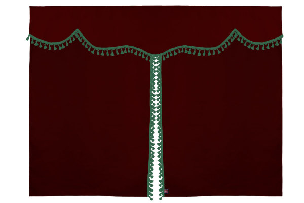 Bäddgardin i mockalook, 3-delad, med tofs och pompom Bordeaux grön Längd 149 cm