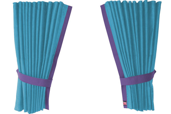 Fönstergardiner i mockalook 4-delade, med kantlist i läderimitation ljusblå syren Länge 110 cm