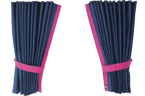 Fönstergardiner i mockalook 4-delade, med kantlist i läderimitation mörkblå rosa Länge 110 cm
