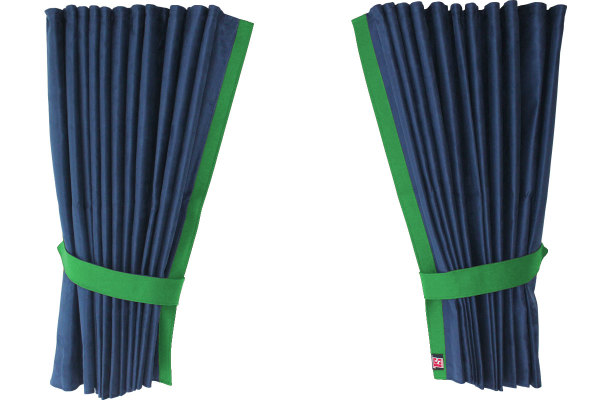 Suede-look truck window curtains 4-piece, with imitation leather edge dark blue green Length 110 cm