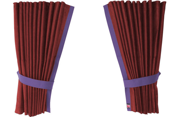 Suede-look truck window curtains 4-piece, with imitation leather edge bordeaux lillac Length 110 cm