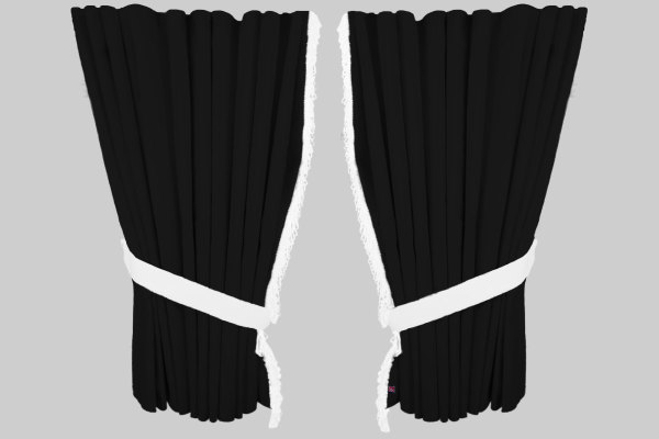 Suede look truck window curtains 4 pieces, with fringes anthracite-black white Length 95 cm