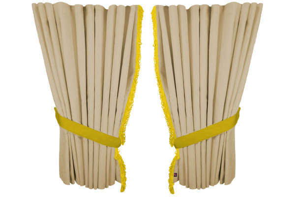 Suede look truck window curtains 4 pieces, with fringes beige yellow Length 110 cm