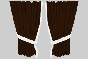 Suede look truck window curtains 4 pieces, with fringes dark brown white Length 95 cm