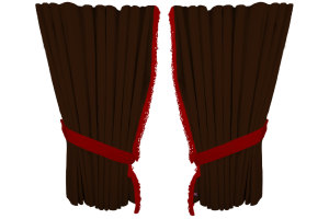 Fönstergardiner i mockalook 4-delade, med fransar mörkbrun röd Länge 110 cm