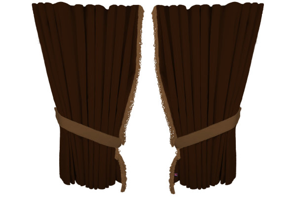 Suede look truck window curtains 4 pieces, with fringes dark brown caramel Length 110 cm