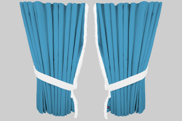 Fönstergardiner i mockalook 4-delade, med fransar ljusblå vit Länge 110 cm