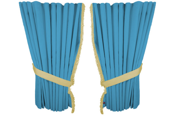 Fönstergardiner i mockalook 4-delade, med fransar ljusblå Beige Längd 95 cm