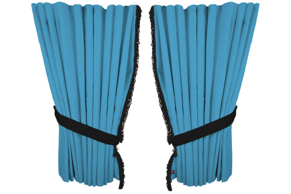 Suede look truck window curtains 4 pieces, with fringes light blue black Length 95 cm