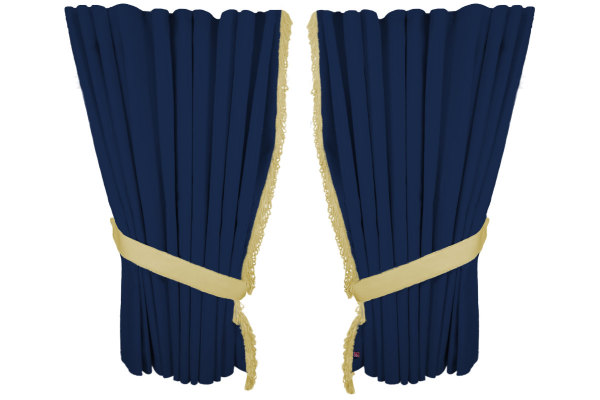 Suede look truck window curtains 4 pieces, with fringes dark blue beige Length 95 cm