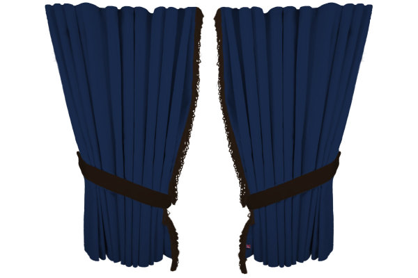 Suede look truck window curtains 4 pieces, with fringes dark blue brown Length 95 cm