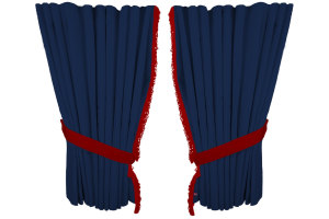 Fönstergardiner i mockalook 4-delade, med fransar mörkblå röd Länge 110 cm