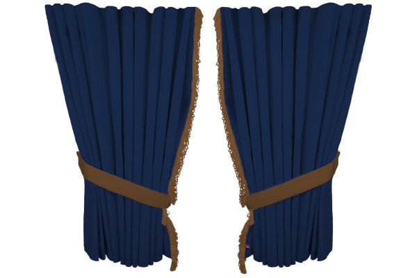 Suede look truck window curtains 4 pieces, with fringes dark blue caramel Length 95 cm