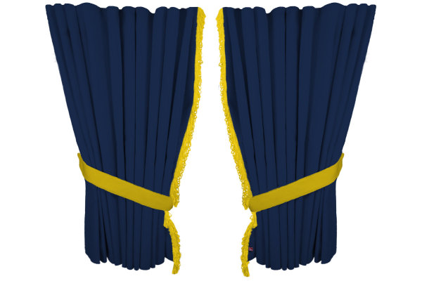 Suede look truck window curtains 4 pieces, with fringes dark blue yellow Length 95 cm