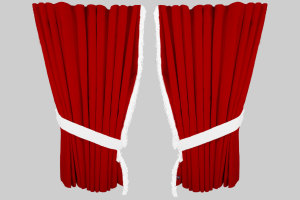 Fönstergardiner i mockalook 4-delade, med fransar röd vit Längd 95 cm