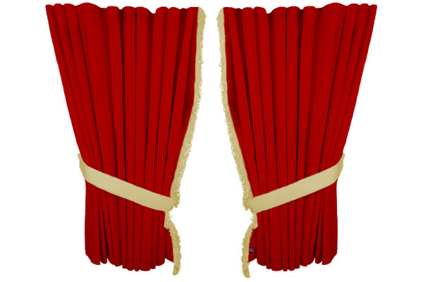 Suede look truck window curtains 4 pieces, with fringes red beige Length 95 cm