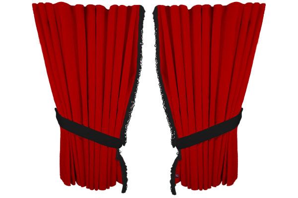 Fönstergardiner i mockalook 4-delade, med fransar röd svart Längd 95 cm