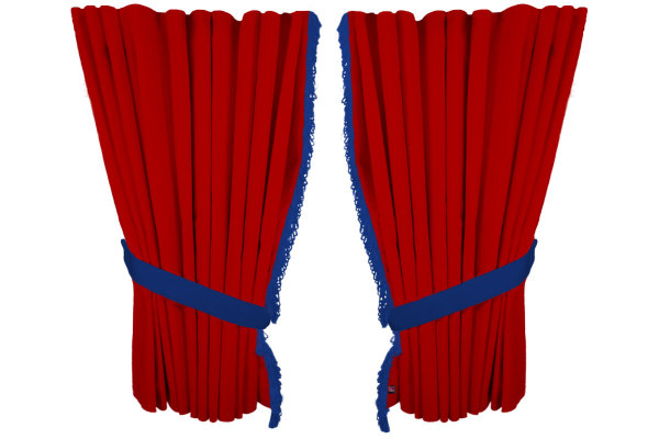 Fönstergardiner i mockalook 4-delade, med fransar röd blå Längd 95 cm
