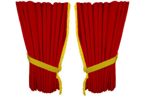 Fönstergardiner i mockalook 4-delade, med fransar röd gul Längd 95 cm