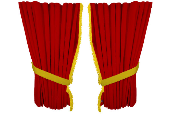 Fönstergardiner i mockalook 4-delade, med fransar röd gul Länge 110 cm
