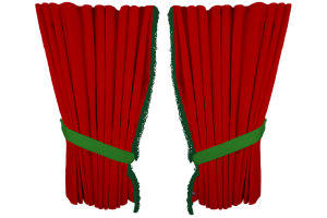 Fönstergardiner i mockalook 4-delade, med fransar röd grön Längd 95 cm
