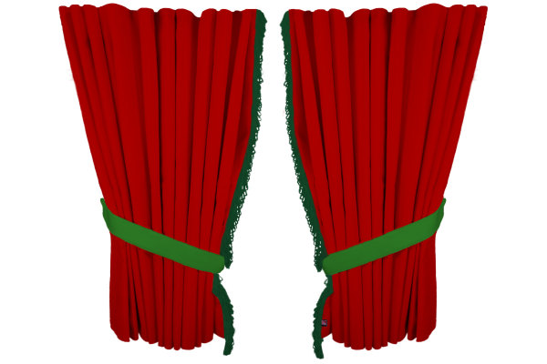 Fönstergardiner i mockalook 4-delade, med fransar röd grön Länge 110 cm